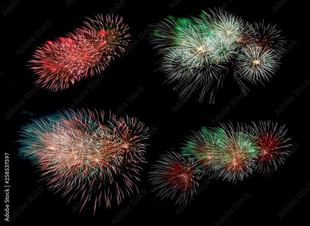 Collection of colorful fireworks on black background  for a holiday and a new year