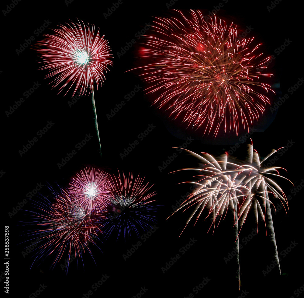 Collection of colorful fireworks on black background  for a holiday and a new year