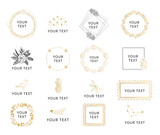 Set of hand drawn wedding designs with gold floral elements. Wreaths and frames for feminine style.