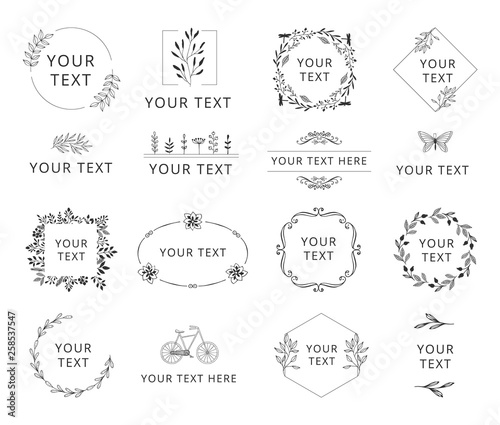 Set of hand drawn wedding logos with black floral elements. Wreaths and frames for feminine design.
