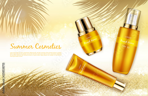 Vector realistic cosmetic background, promo banner for summer spf cosmetics. Sunscreen products in elegant golden, package on hot sand with shadow of tropical palm leaves, mock up for glossy magazine