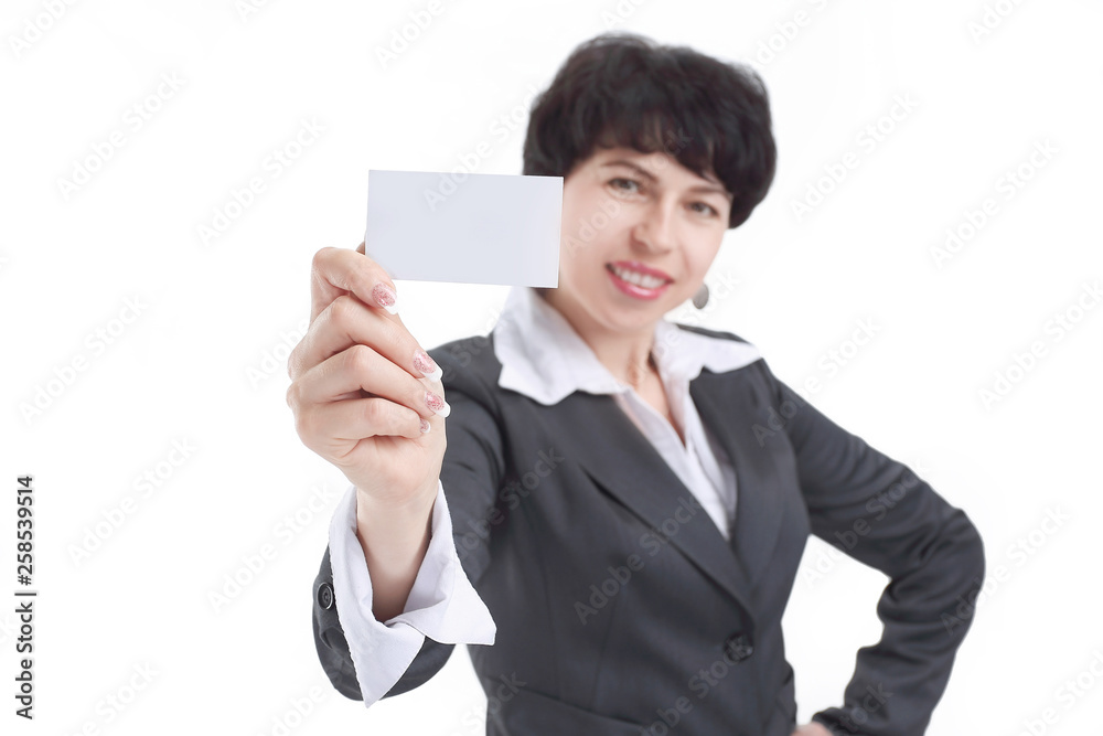 close up. smiling business woman showing a blank business card close up. smiling business woman showing a blank business card
