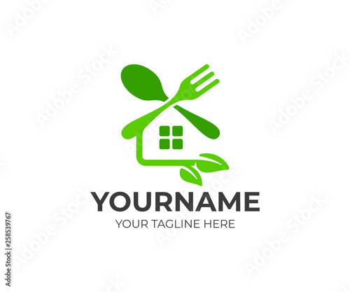 Food and restaurant, fork and spoon, house with leaves, logo design. Healthy and organic meal, vector design and illustration