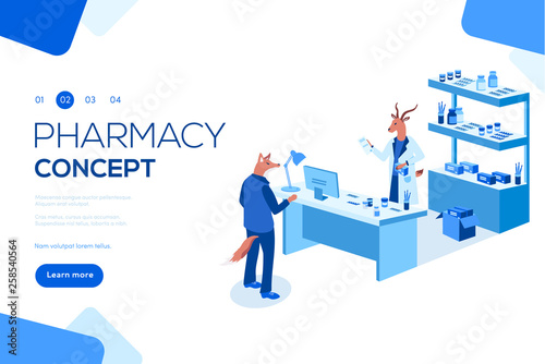 Flat isometric isolated on white background. Doctor pharmacist and patient in drugstore. Can use for web banner, infographics, header vector illustration