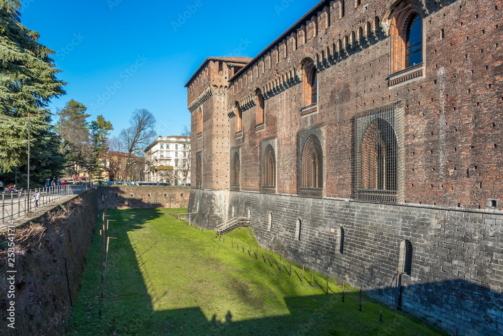 Milan, Italy - March 8, 2019: The Sforzesco Castle - is one of Milan's most important landmarks Milan, Italy - March 8, 2019: The Sforzesco Castle - is one of Milan's most important landmarks