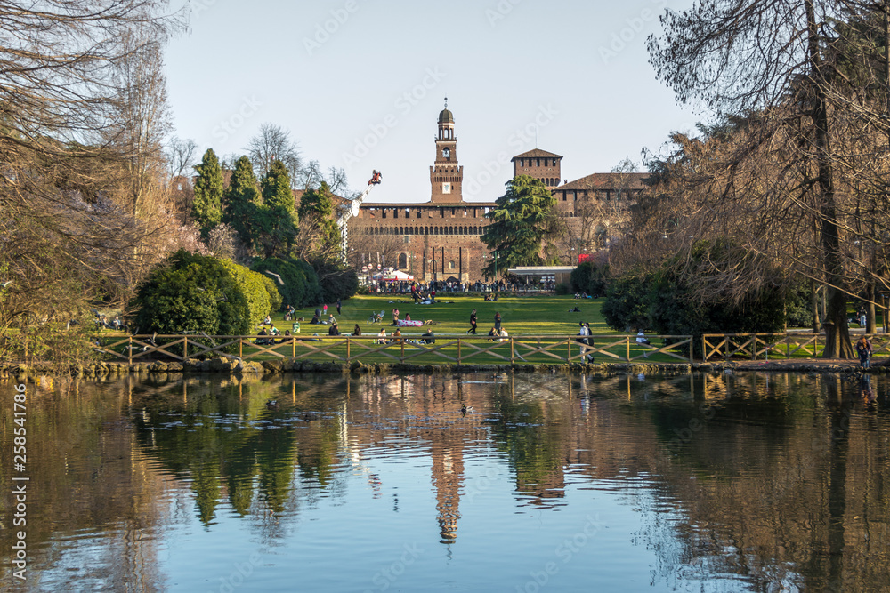 Lake in Sempione Park in the historic center of Milan near the Sforza Castle, Italy