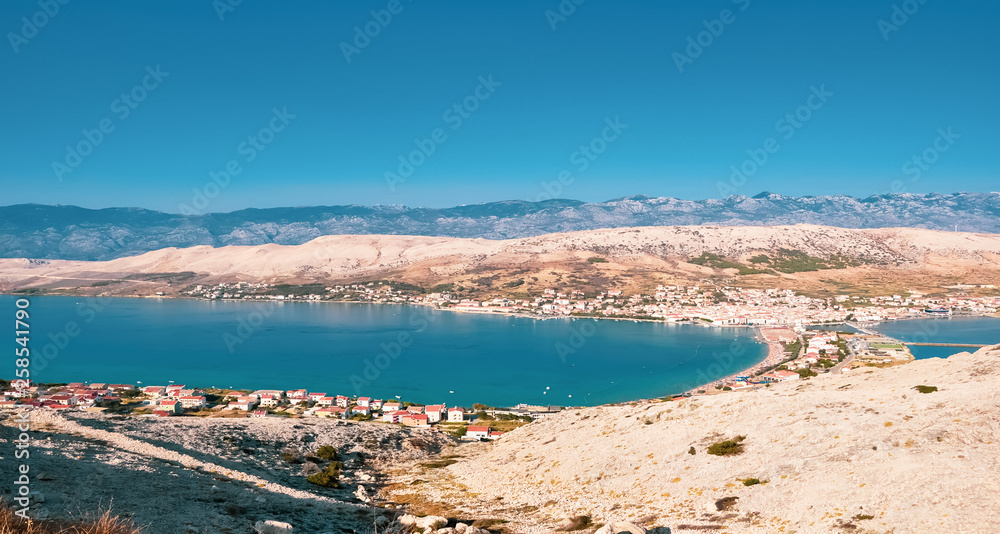 Pag island aerial view. The view on croatian sea, Dalmatia, Croatia