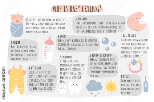 Baby crying reasons infographic. Tips for mother when baby cries. Advises for mom