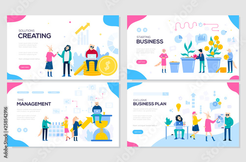 Business solutions, planning and strategy, startup, time management vector illustration. Set of web page design templates. Mobile website development design