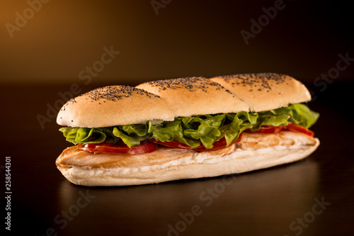 Chicken sandwich with lettuce, tomato and mayonnaise