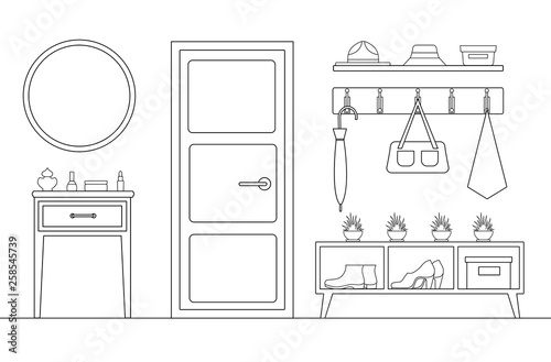 Anteroom sketch. Vector illustration with the image of the hallway of the room. Stroke.