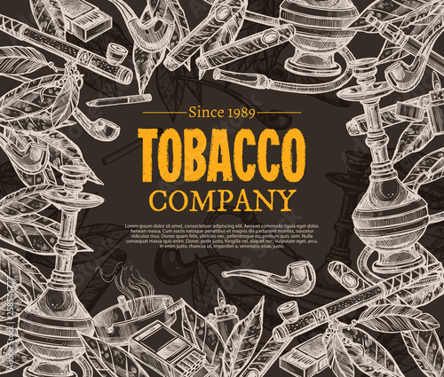Vector hand drawn posters with tobacco and smoking collection on chalkboard. Sketch background with cigarettes, cigars, hookah, tobacco leaves, pipes