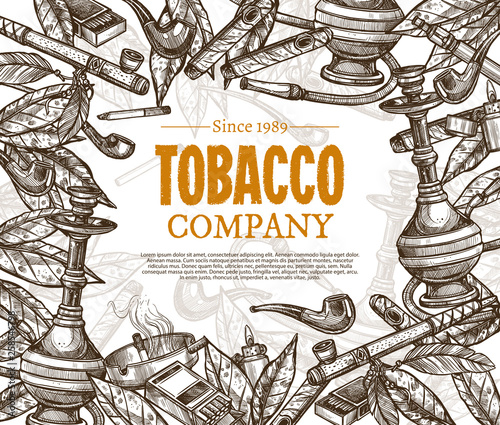 Vector hand drawn posters with tobacco and smoking collection. Monochrome sketch background with cigarettes, cigars, hookah, tobacco leaves, pipes