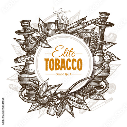 Vector round hand drawn posters with tobacco and smoking collection. Monochrome sketch background with cigarettes, cigars, hookah, tobacco leaves, pipes