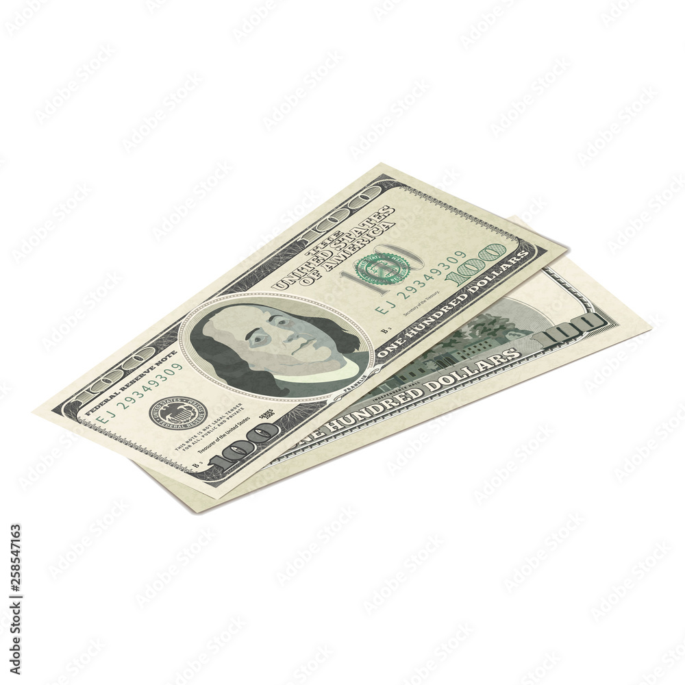 Couple of fake one hundred USA dollars banknote, front and back detailed coupure in isometric view on white Couple of fake one hundred USA dollars banknote, front and back detailed coupure in isometric view on white