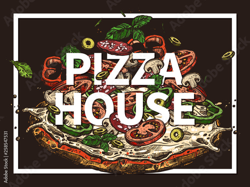 Pizza hand drawn trendy poster for pizzeria. Sketch vector illustration with flying pizza and different ingredients and typography