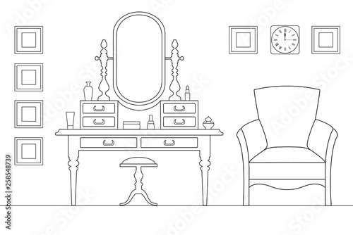 Women's boudoir. Room in a linear style. Vector illustration executed by a stroke.