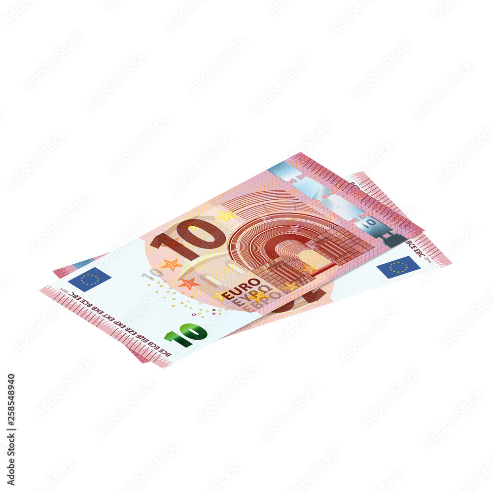 Couple of 10 euro banknotes in isometric view on white Couple of 10 euro banknotes in isometric view on white