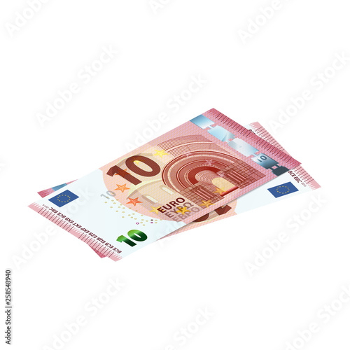 Couple of 10 euro banknotes in isometric view on white