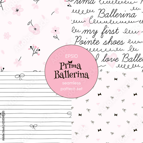 Tiny Flowers Linear Bows Doodle Stripes Calligraphy pattern collection. Ballet themed seamless backgrounds set. Perfect for girlish design, scrapbook paper, childish fashion fabric textile print.