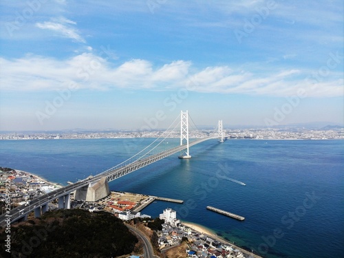Aerial Drone Photograph of Akashi Strait Bridge (Akashi Kaikyo Ohashi, Akashi Kaikyou Oohashi), the World's Longest Suspension Bridge. photo