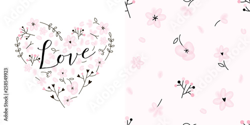Design set of Pink floral heart with love calligraphic inscription and Gentle tiny floral seamless background. Lovely girlish themed pink coloured vector graphics for apparel t-shirt print, textile