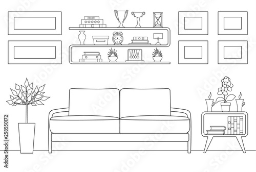 Outline style reception room. Schematic vector sketch.