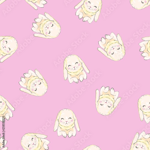 Seamless pattern with cartoon bunnies for kids. Abstract art print. Hand drawn background with cute animals. Vector illustration