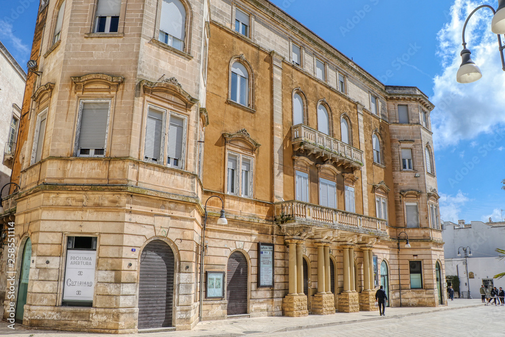 A view of the facade of the Verdi theater cinema in Martina Franca, Puglia, Italy