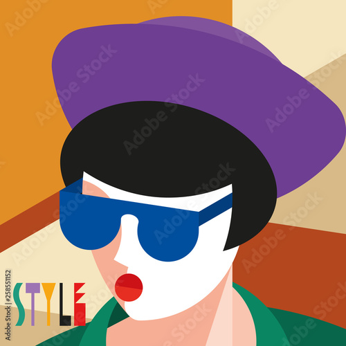 Fashionable stylish woman. Modernist style woman head with stylish headdress. Modernism style art. Geometric shapes art.