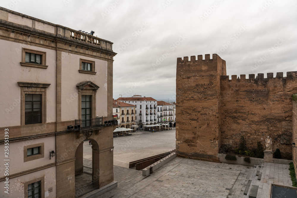 Views of the Plaza Mayor from the Balbos forum next to the town hall of Caceres.