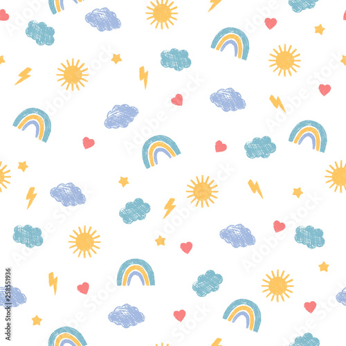 Baby weather seamless pattern. Hand drawn background with cloud, sun rainbow, lightning.
