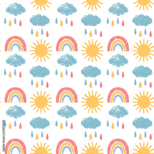 Seamless patter with clouds, rain, sun, rainbow. Baby background. Pencil texture.