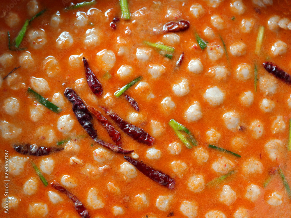Top view of the curry used to eat with Thai noodles, delicious Thai vermicelli, eat and fresh vegetables. Top view of the curry used to eat with Thai noodles, delicious Thai vermicelli, eat and fresh vegetables.