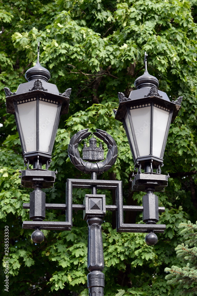 Street lights in the Park near the Cathedral of Christ the Savior in Moscow