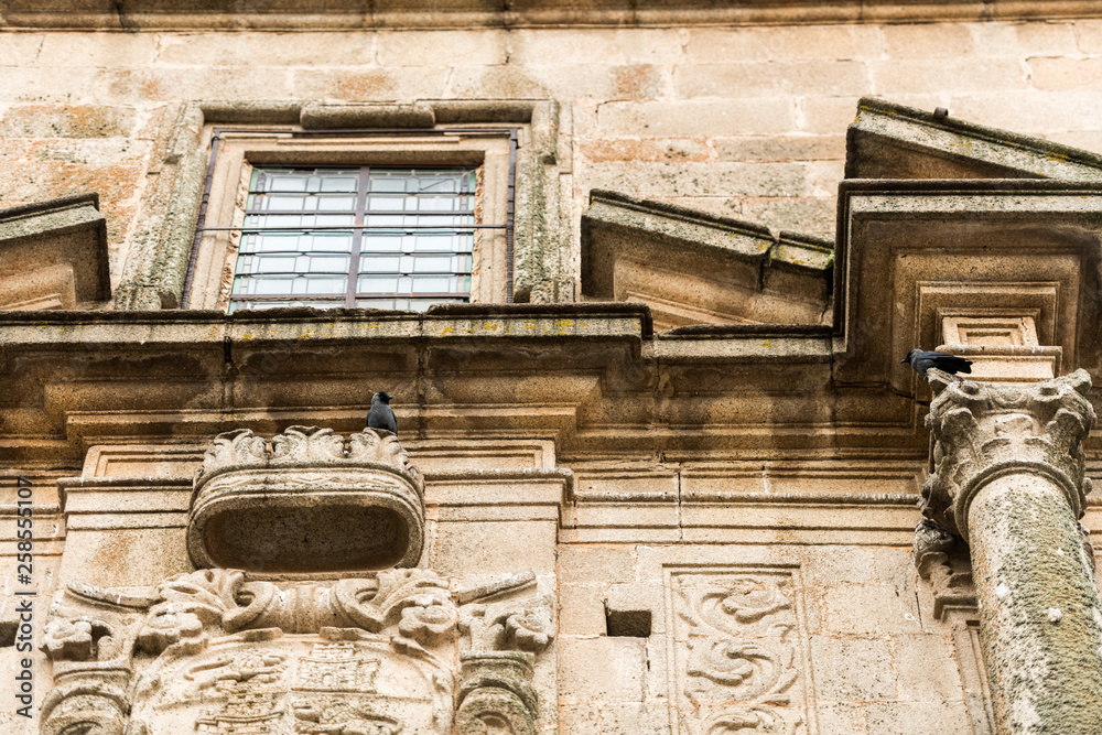 Crows on the facade of the church of San Francisco Javier in the Plaza de San Jorge in the old town of Caceres.