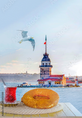 Photography Turkish tea in the background of the maiden tower in Istanbul