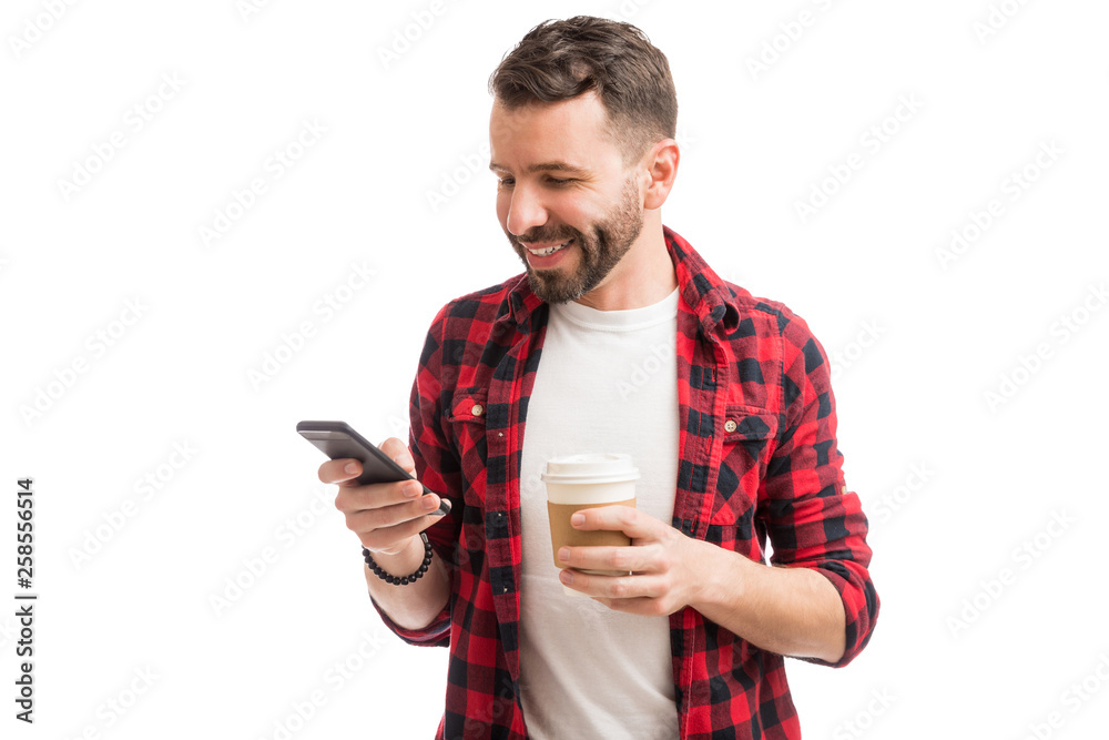 Man Holding Drink And Connecting With World Man Holding Drink And Connecting With World