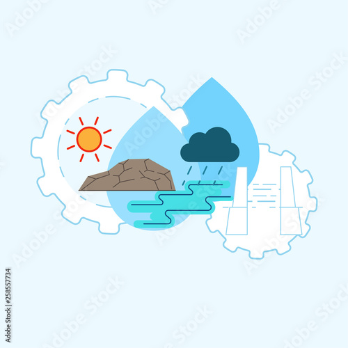 Water management concept. Water distribution system metaphor. Maximize efficient use of water resource. Symbol of water development. Vector illustration concept outline flat design style.