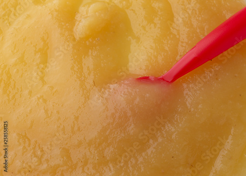 Tableau sur toile Close view of a serving of applesauce with a red spoon in the food