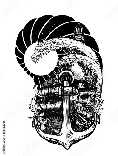 Pirate skull with ship vector tattoo by hand drawing.Beautiful ship on wave background.Black and white graphics design art highly detailed in line art style.