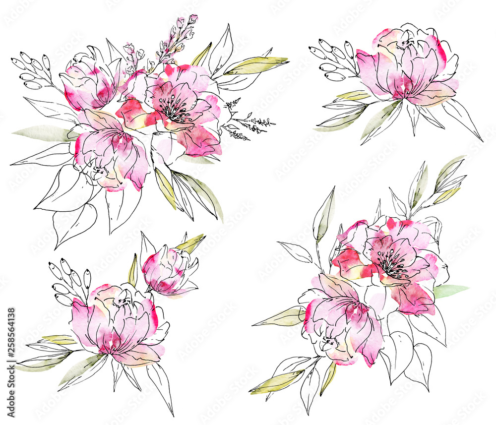 Floral set with watercolor flowers pink peonies, black lines and splashes. For greeting card, wedding invitation, poster, stickers and other printing. Isolation on white background. Hand painting.