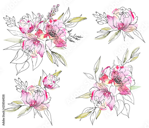 Fototapeta Naklejka Na Ścianę i Meble -  Floral set with watercolor flowers pink peonies, black lines and splashes. For greeting card, wedding invitation, poster, stickers and other printing. Isolation on white background. Hand painting.
