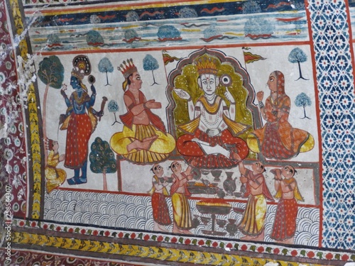 Wall paintings of Orchha Fort and Palace  Madhya Pradesh  India.