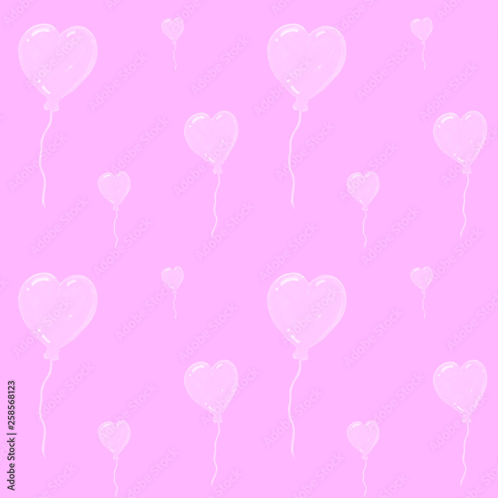 Beautiful air balloons in form of hearts, seamless watercolor pattern on pink background. Can be used for greeting card, wedding invitation. Cute hearts backdrop. Hearts love pattern