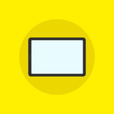 Hand touching blank screen of tablet computer. Tablet gadget flat isolated on yellow background