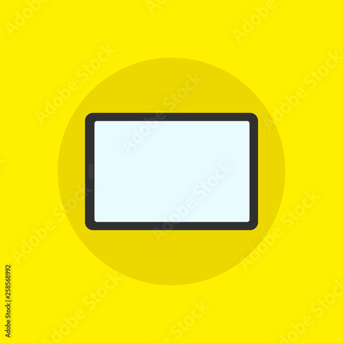 Hand touching blank screen of tablet computer. Tablet gadget flat isolated on yellow background