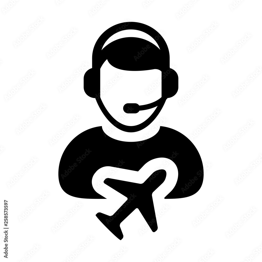 Airline Customer service icon vector male person profile symbol for travel and holidays support helpline in glyph pictogram illustration