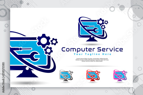 Computer service vector logo with simple concept designs, illustration of monitor , cog , and wrench as a symbol icon of digital template computer service shop