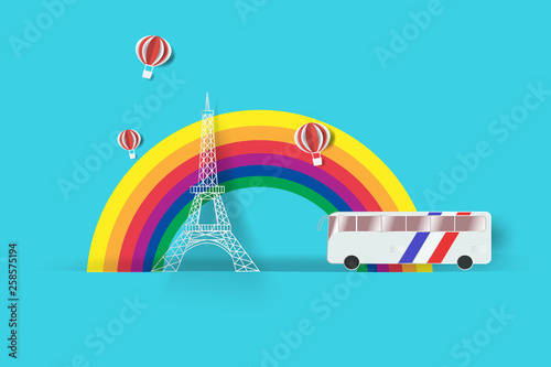 Picture of a bus in front of the Eiffel Tower, flat style illustration, travel concept